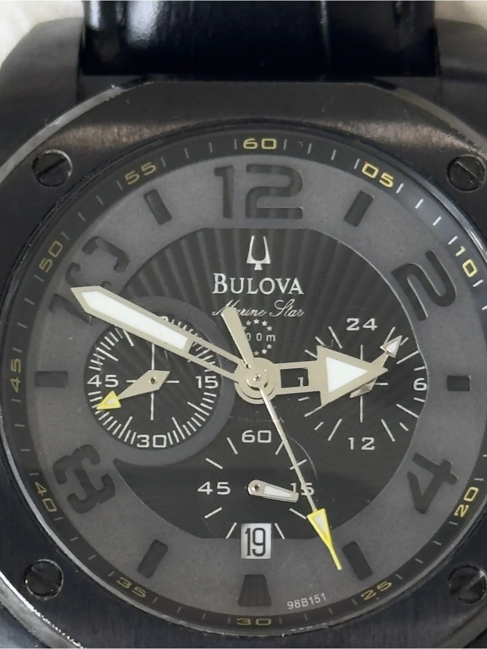 Bulova Black Marine Star Dial Black Leather Strap Chronograph Watch